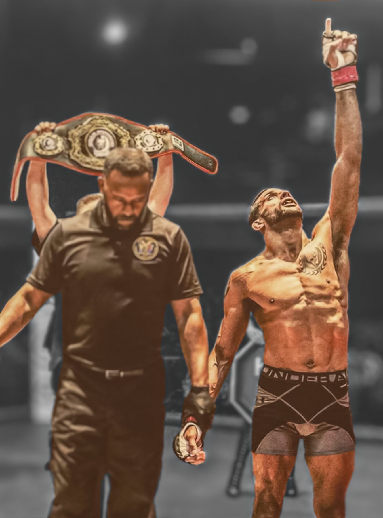 MMA champion raising fist in victory with title belt